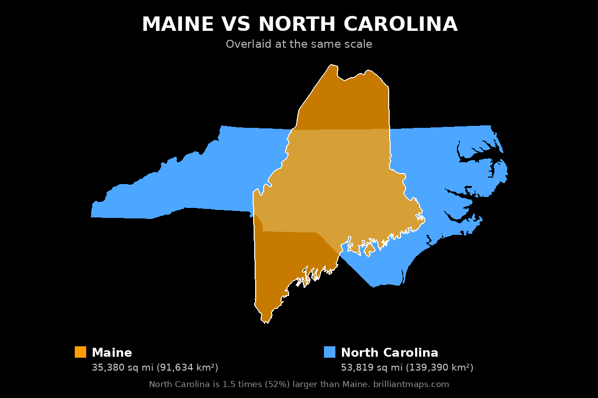 Maine vs North Carolina Size Comparison Map
