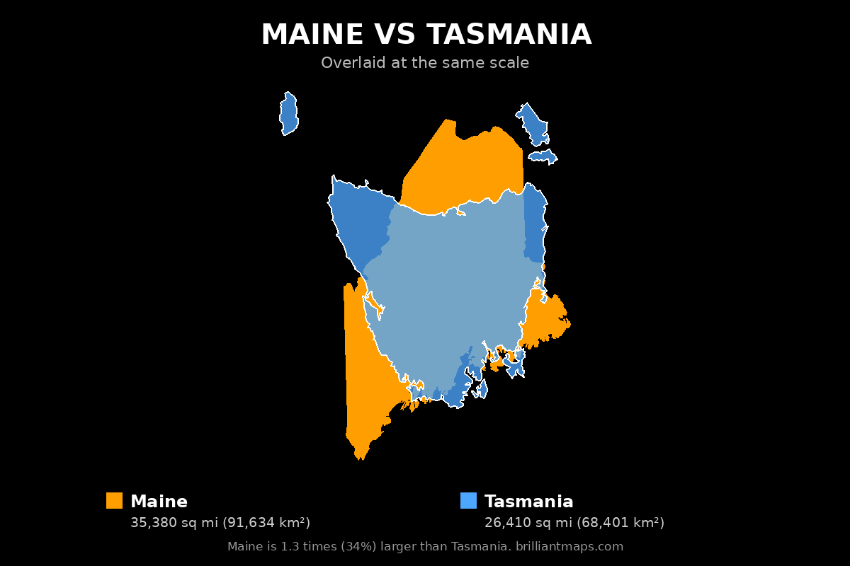 Maine vs Tasmania Size Comparison Map