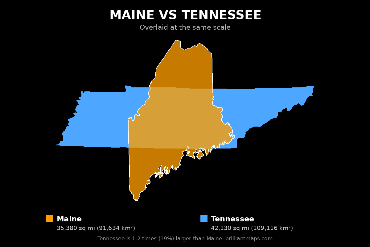 Maine vs Tennessee Size Comparison Map