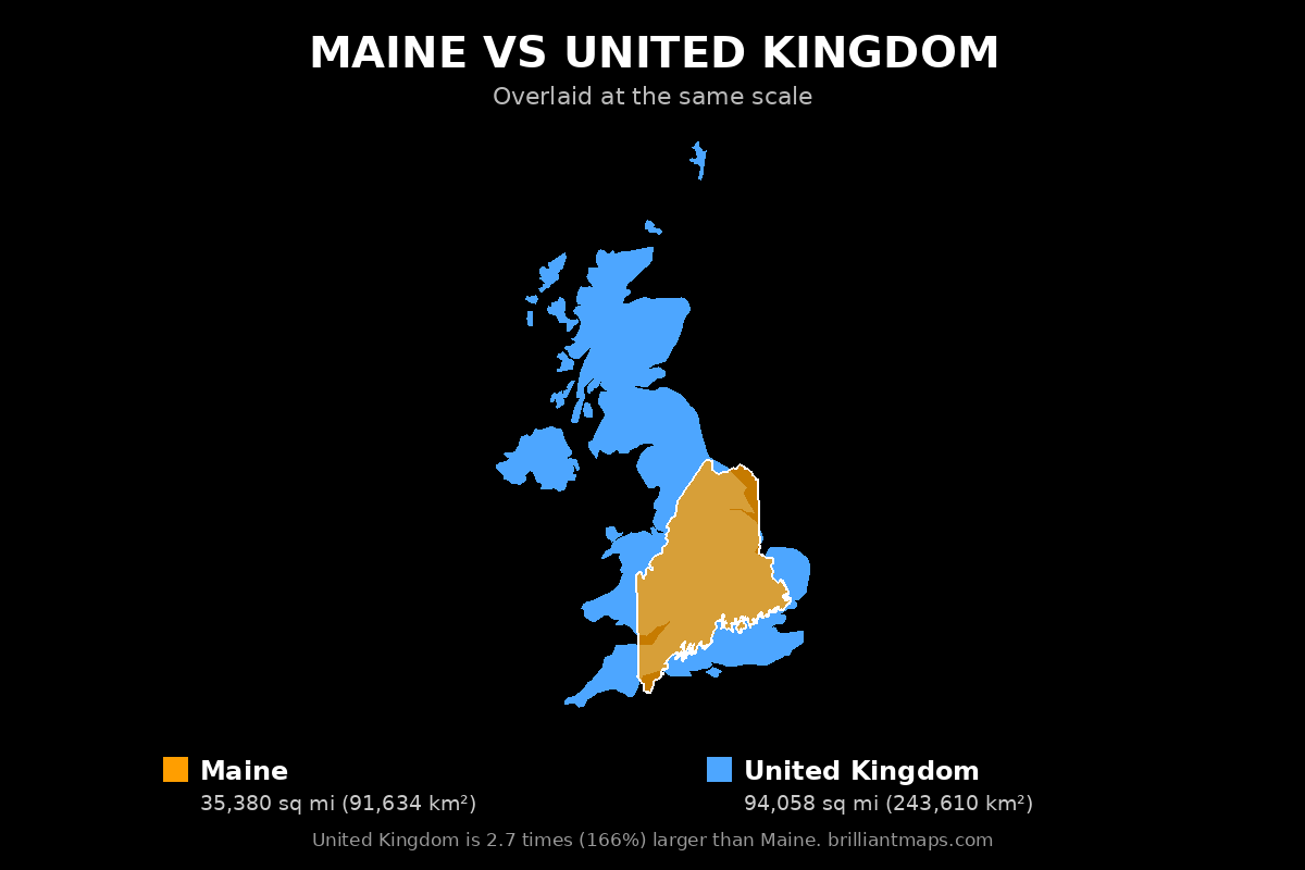 Maine vs United Kingdom Size Comparison Map