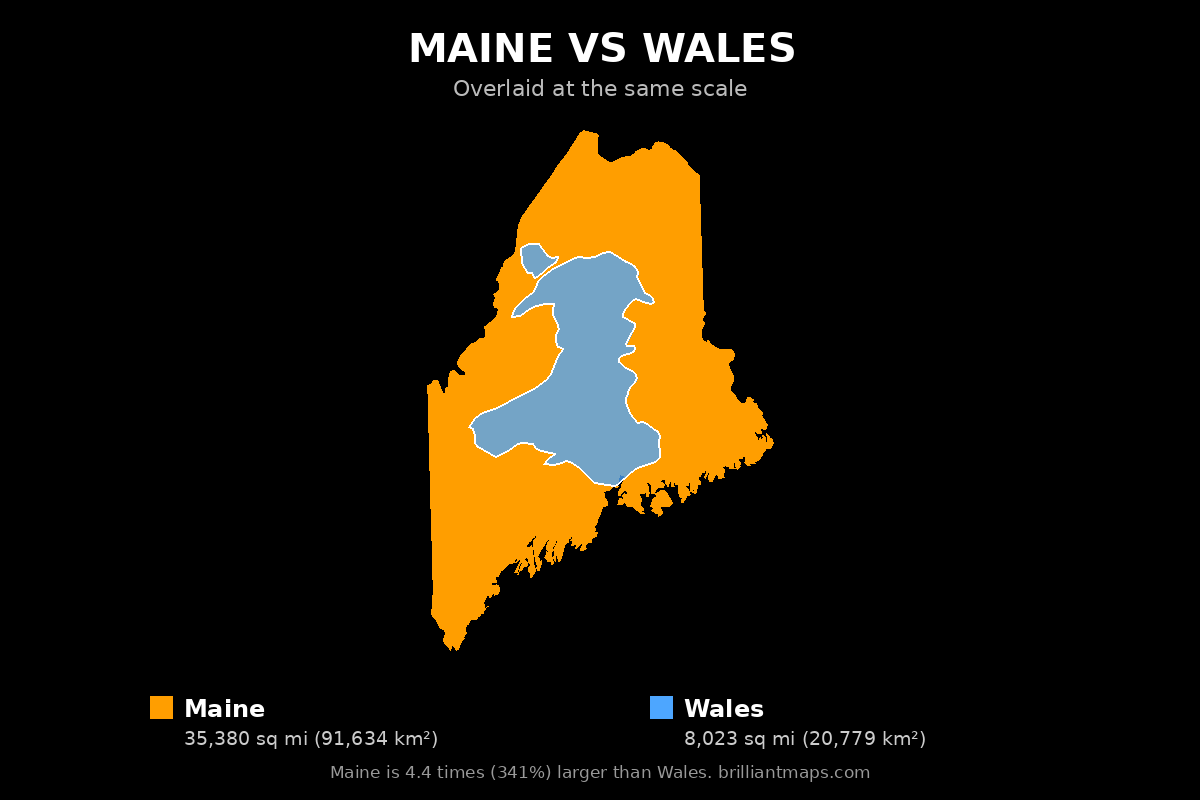 Maine vs Wales Size Comparison Map