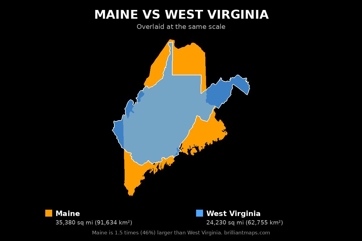 Maine vs West Virginia Size Comparison Map