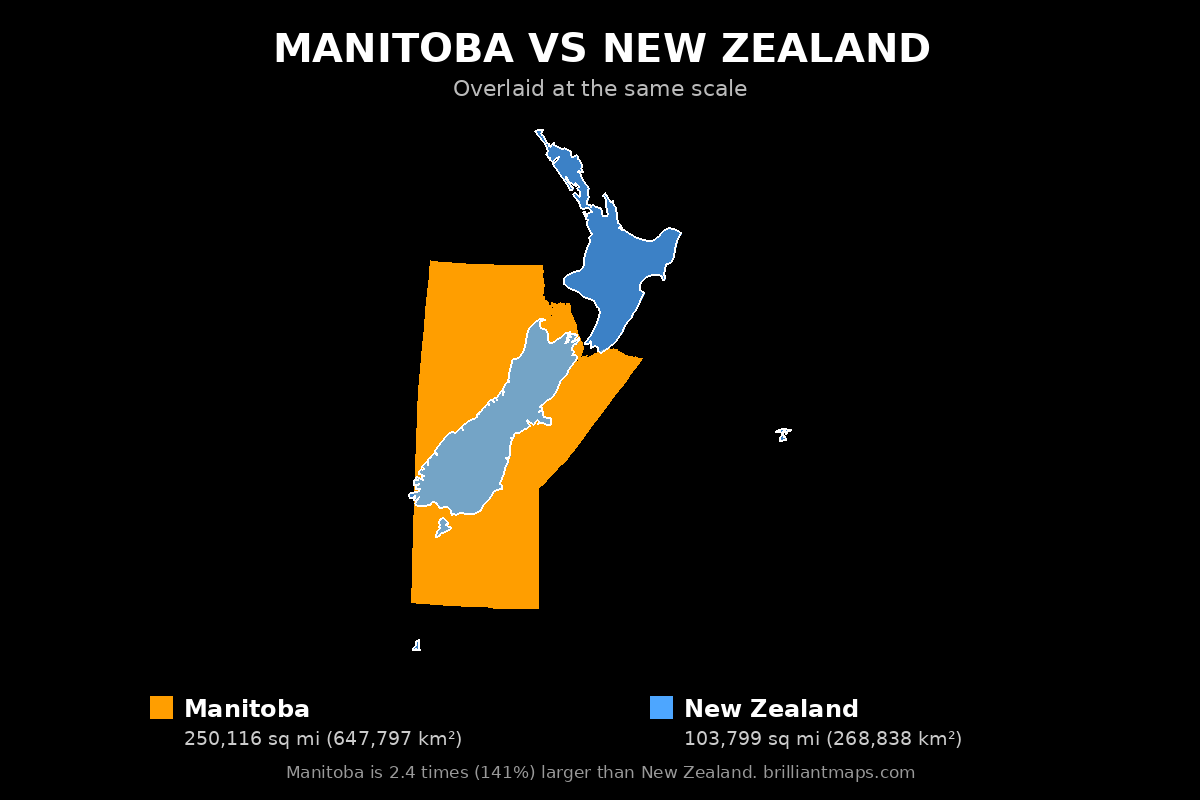 Manitoba vs New Zealand Size Comparison Map