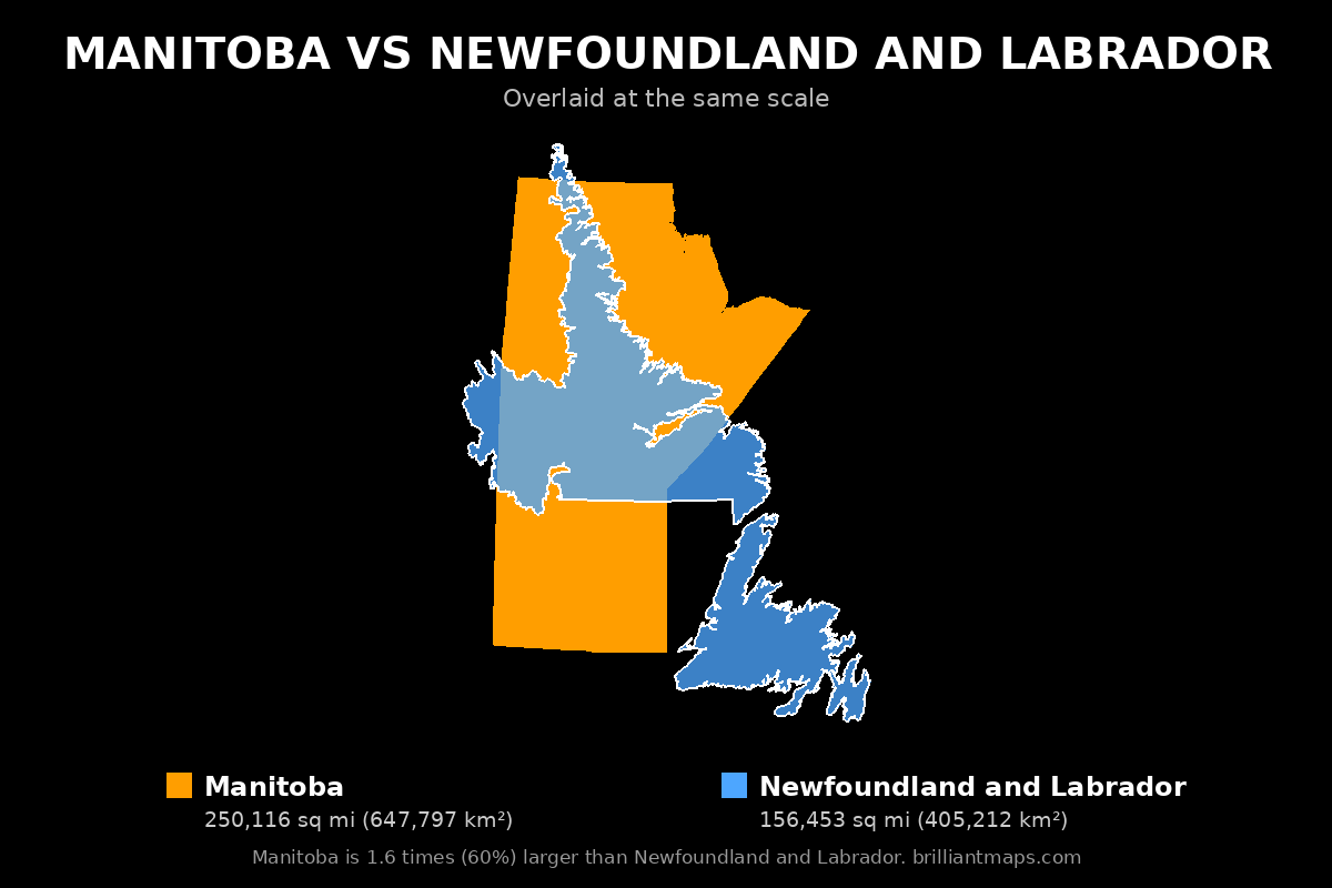 Manitoba vs Newfoundland and Labrador Size Comparison Map