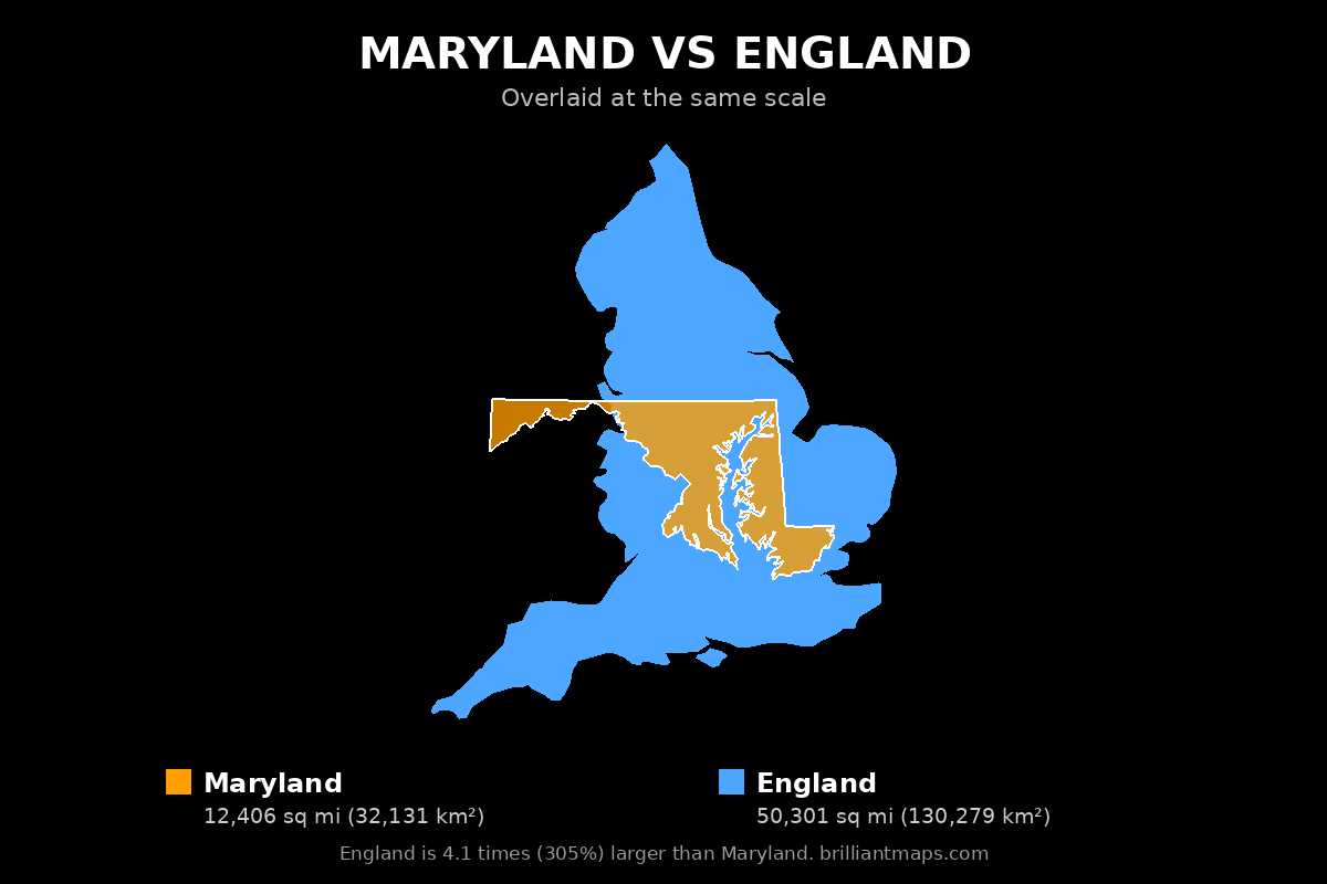 Maryland vs England Size Comparison Map