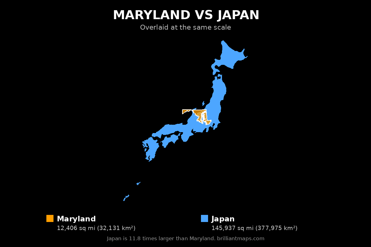 Maryland vs Japan Size Comparison Map