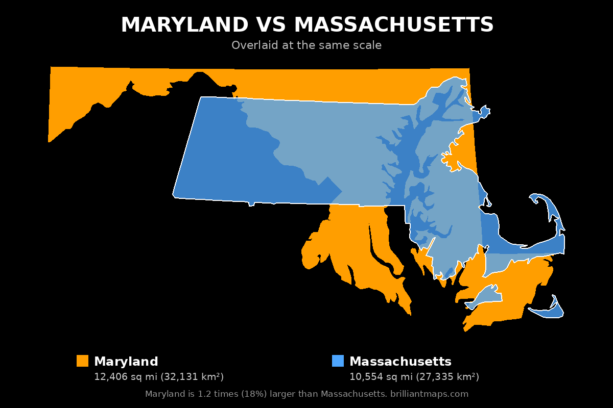Maryland vs Massachusetts Size Comparison Map
