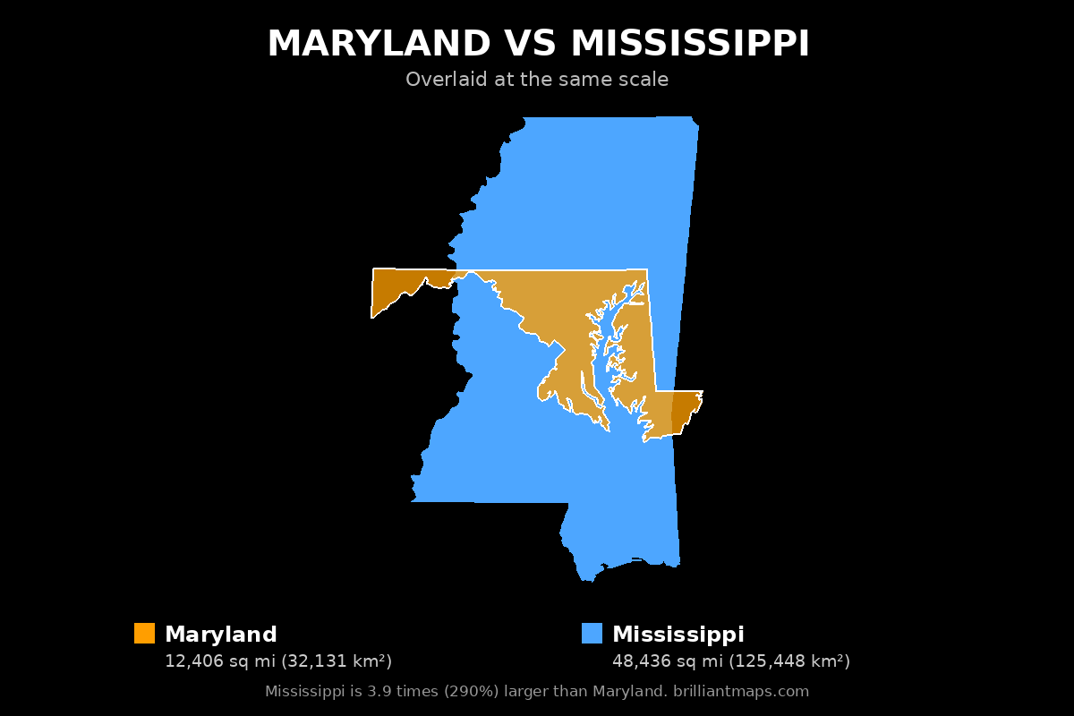 Maryland vs Mississippi Size Comparison Map