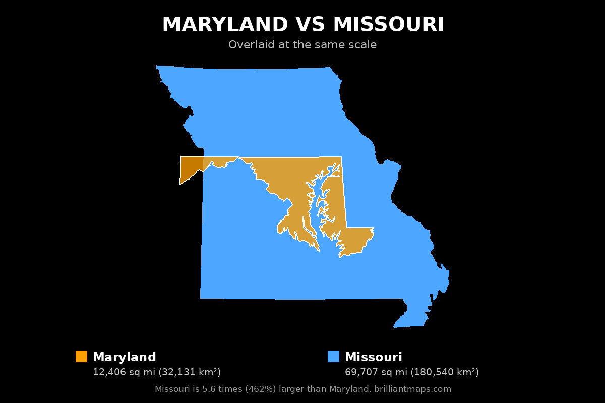 Maryland vs Missouri Size Comparison Map