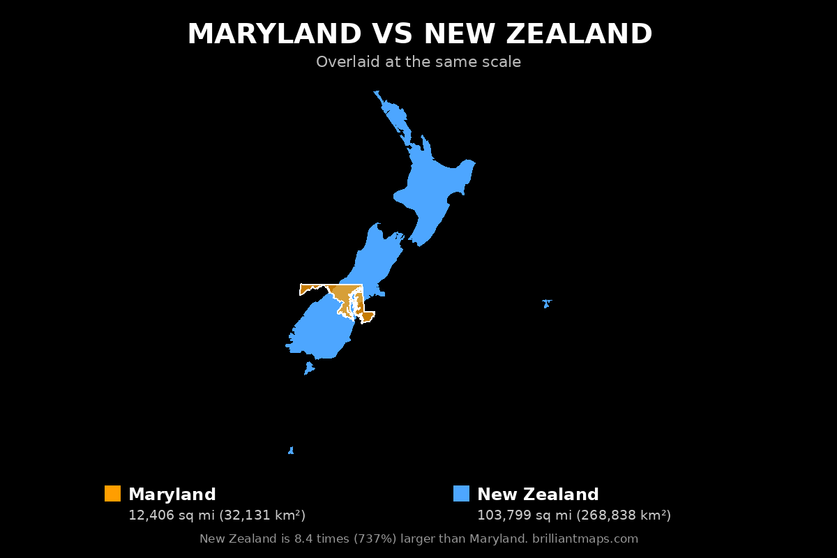 Maryland vs New Zealand Size Comparison Map