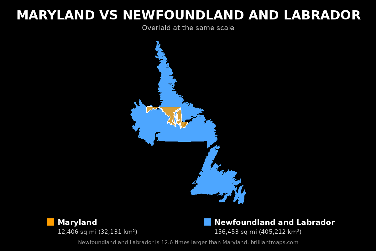 Maryland vs Newfoundland and Labrador Size Comparison Map
