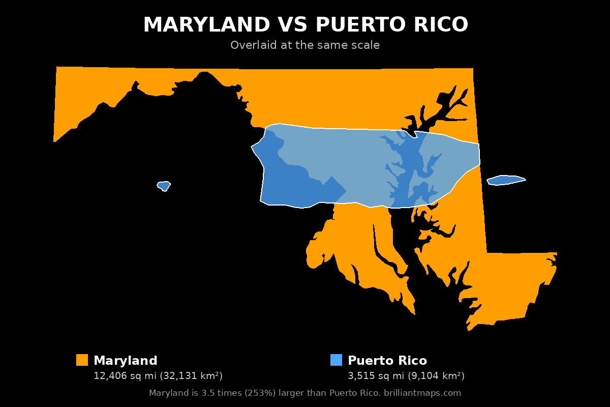 Maryland vs Puerto Rico Size Comparison Map