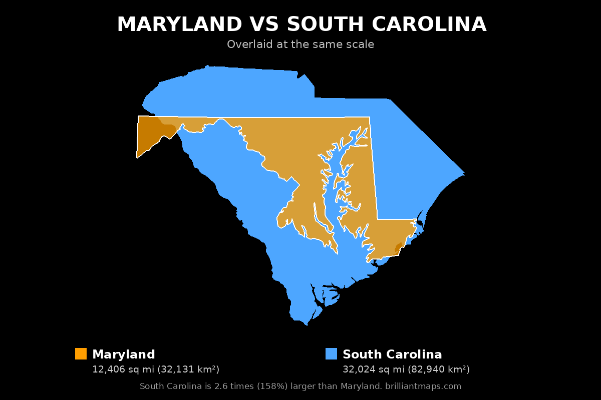 Maryland vs South Carolina Size Comparison Map