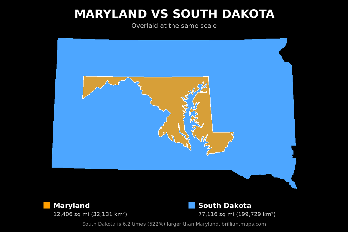 Maryland vs South Dakota Size Comparison Map
