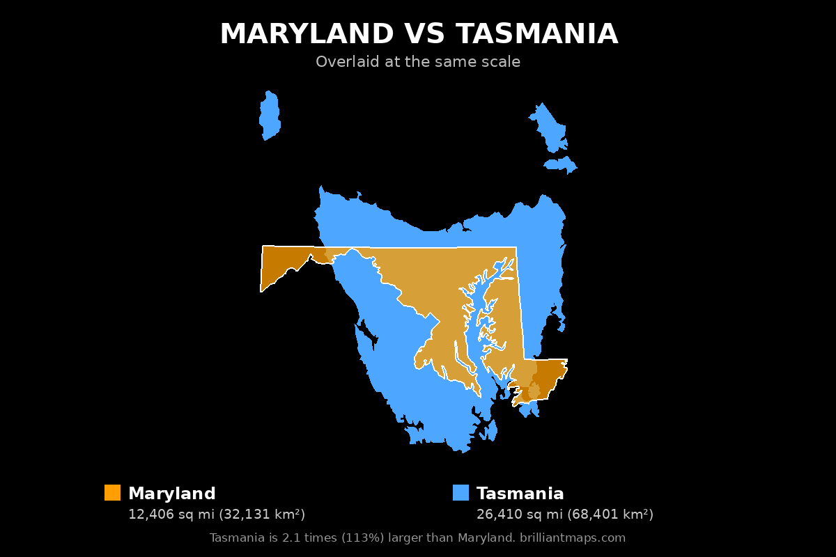 Maryland vs Tasmania Size Comparison Map