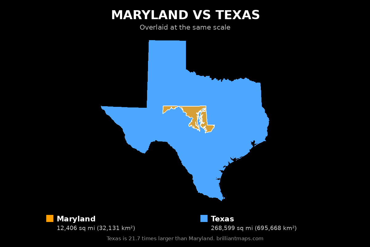 Maryland vs Texas Size Comparison Map