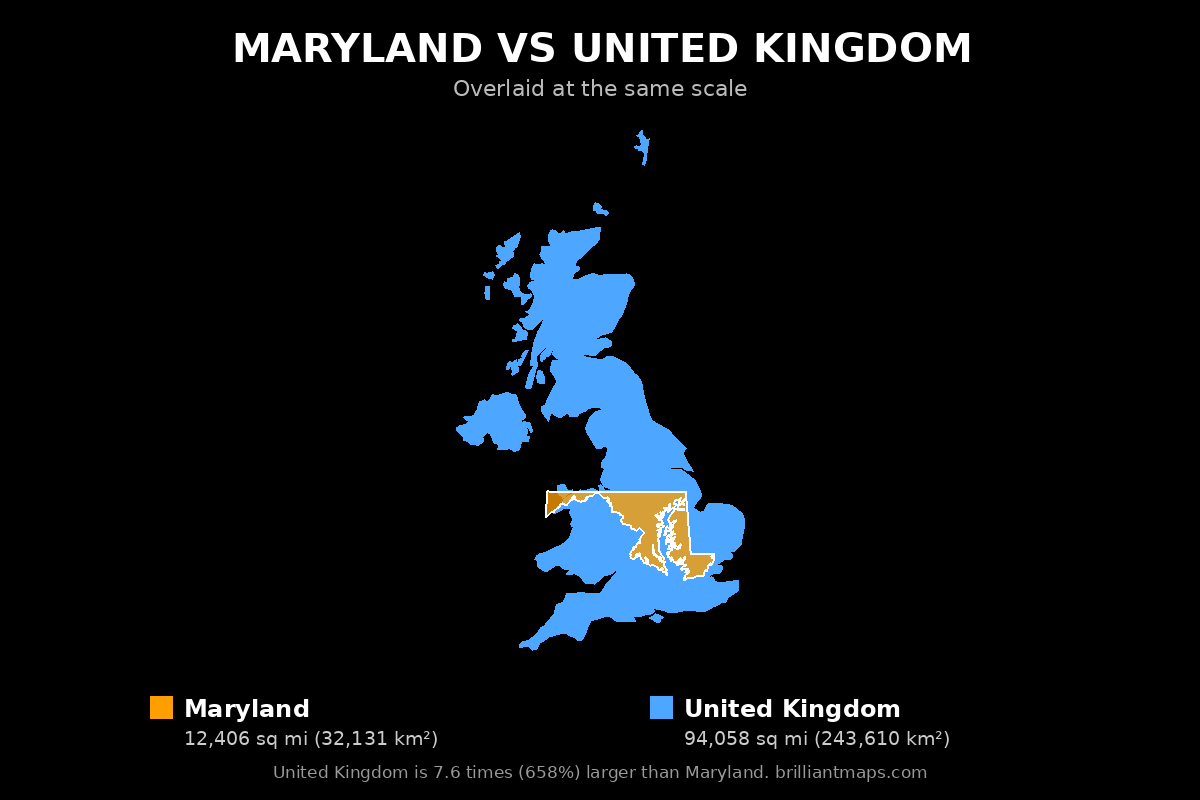 Maryland vs United Kingdom Size Comparison Map