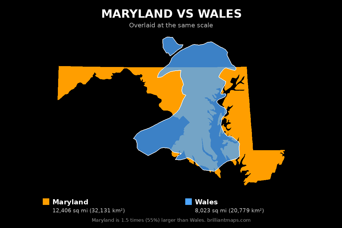 Maryland vs Wales Size Comparison Map