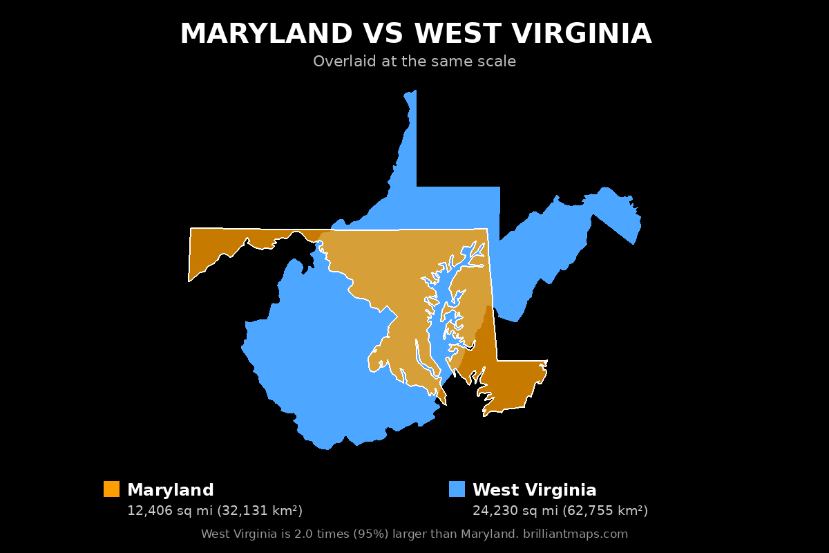 Maryland vs West Virginia Size Comparison Map