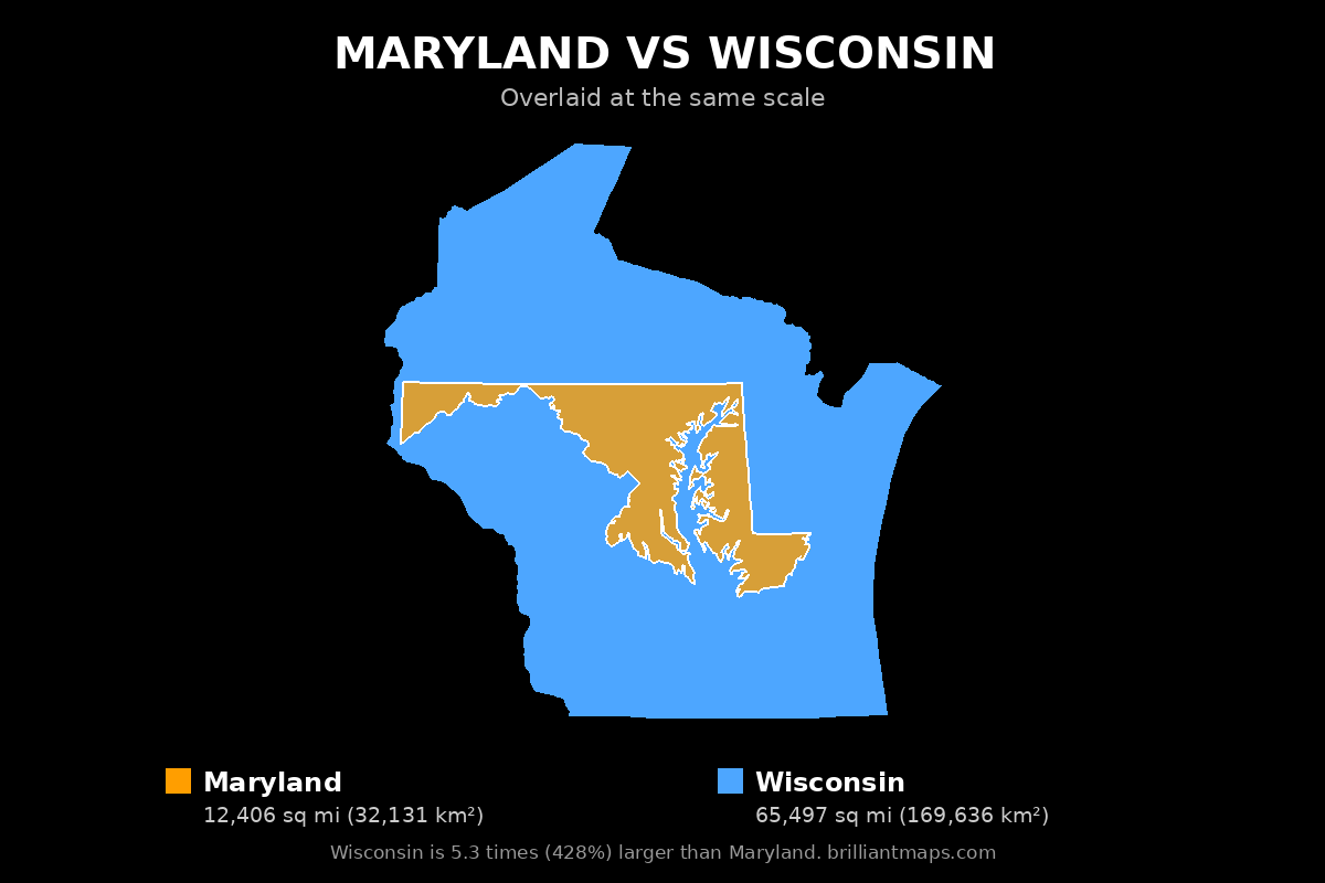 Maryland vs Wisconsin Size Comparison Map