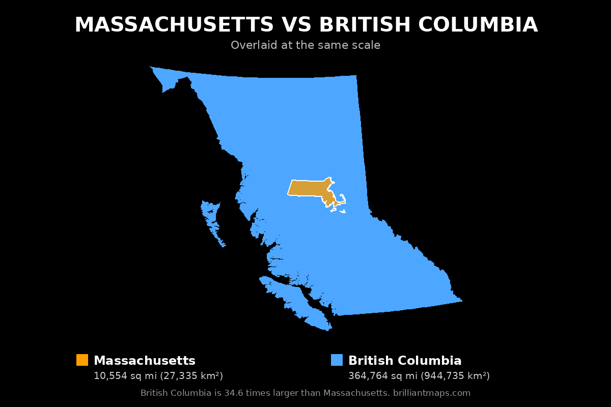 Massachusetts vs British Columbia Size Comparison Map
