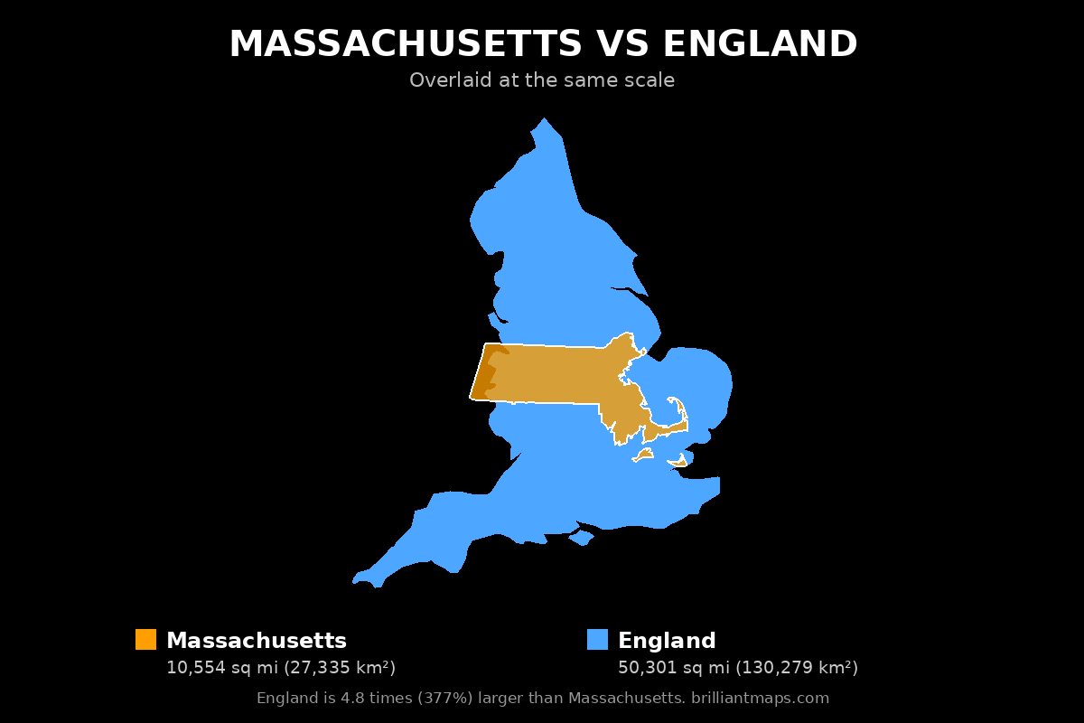 Massachusetts vs England Size Comparison Map