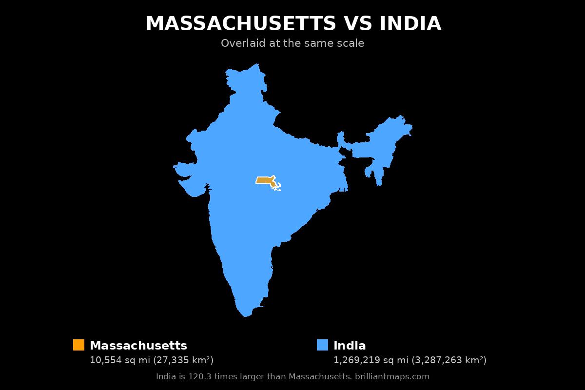 Massachusetts vs India Size Comparison Map