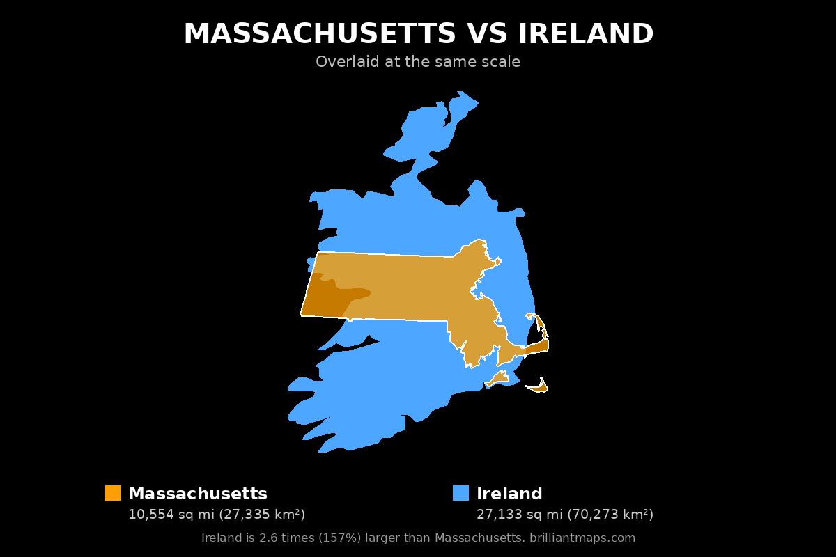 Massachusetts vs Ireland Size Comparison Map