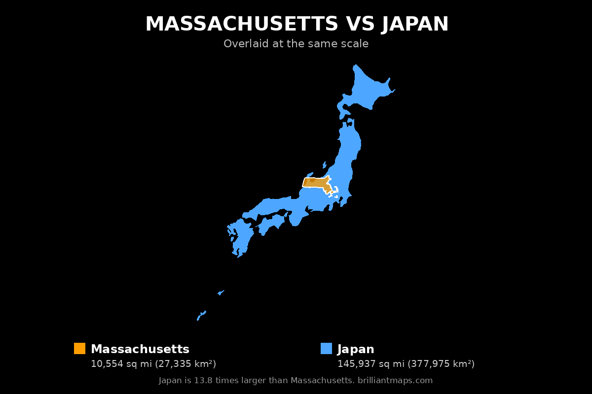 Massachusetts vs Japan Size Comparison Map