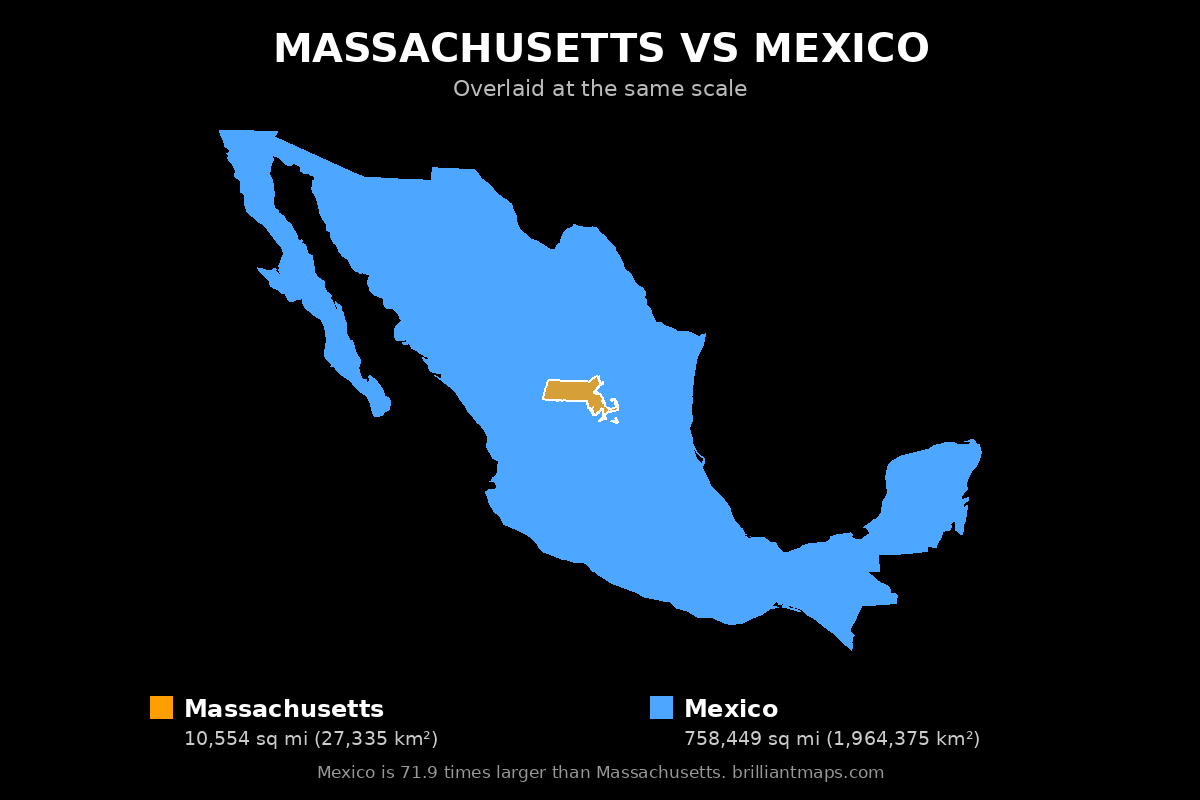 Massachusetts vs Mexico Size Comparison Map