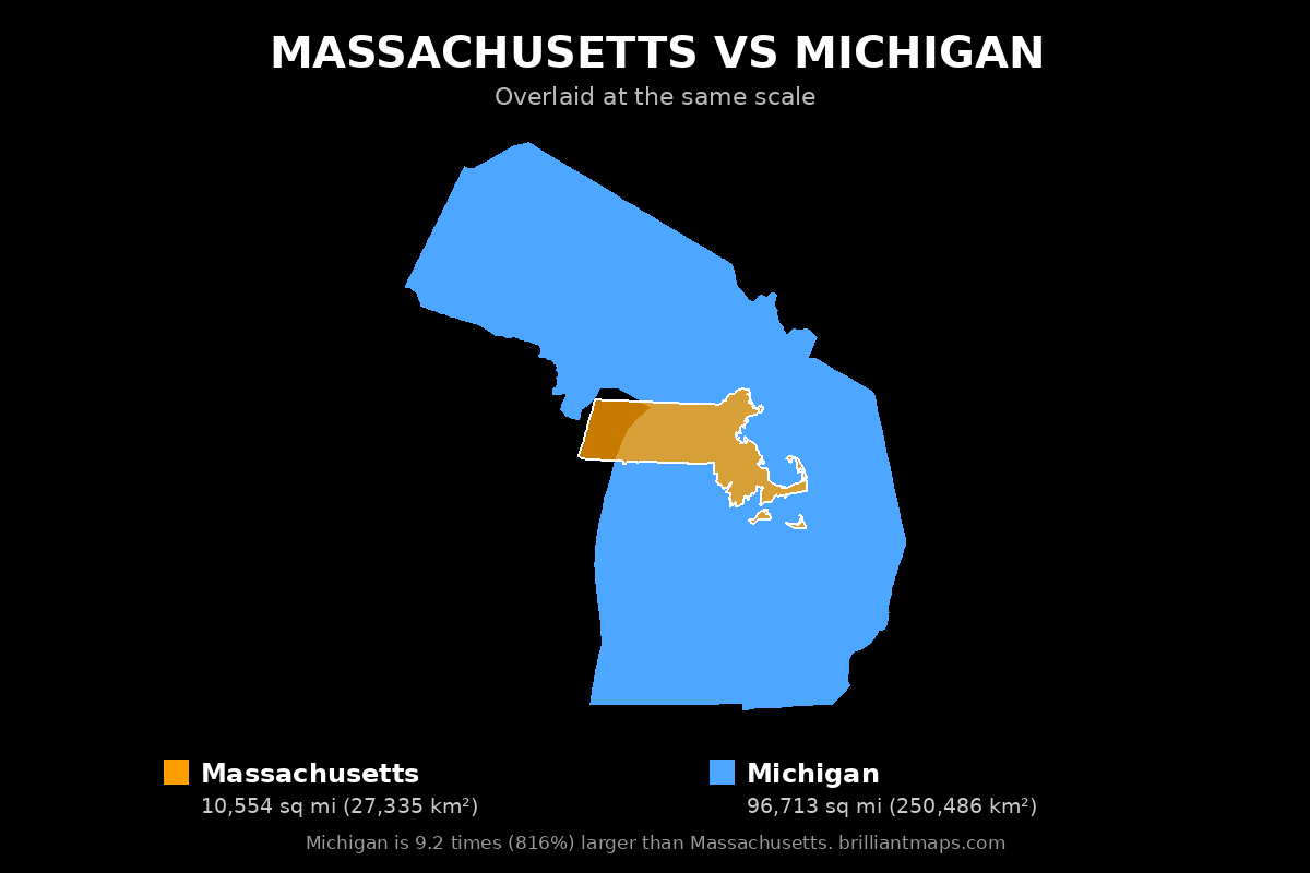 Massachusetts vs Michigan Size Comparison Map