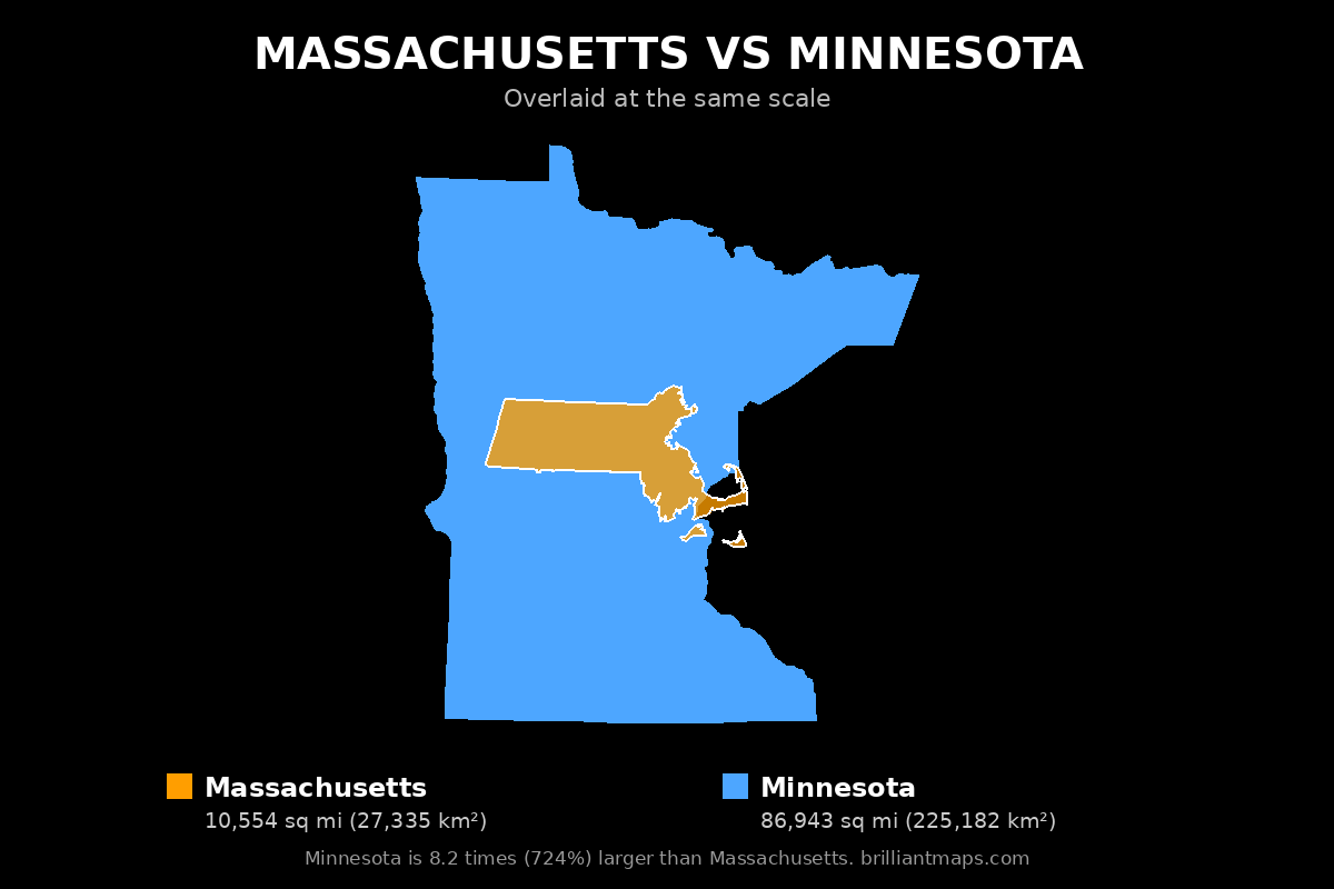 Massachusetts vs Minnesota Size Comparison Map