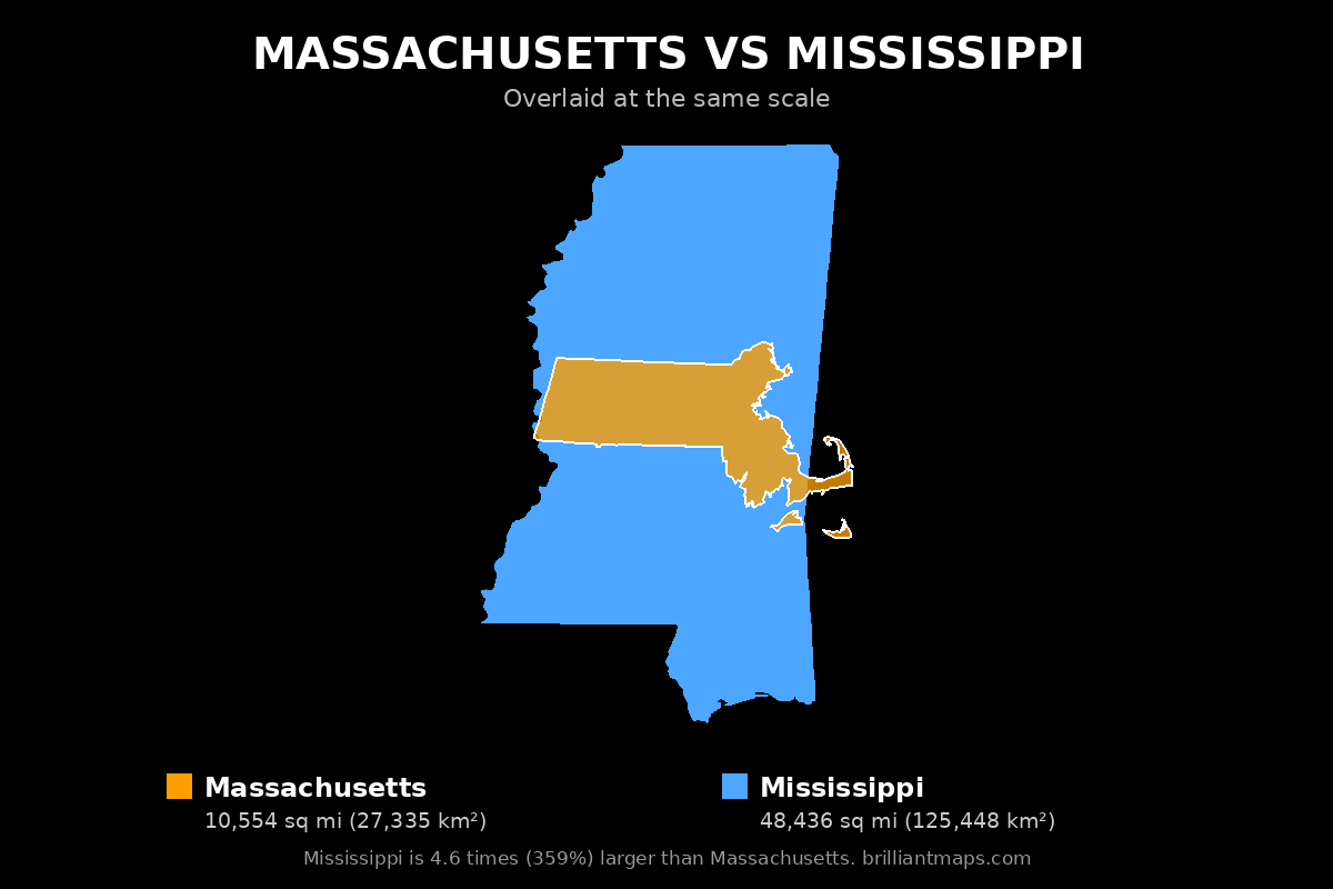 Massachusetts vs Mississippi Size Comparison Map