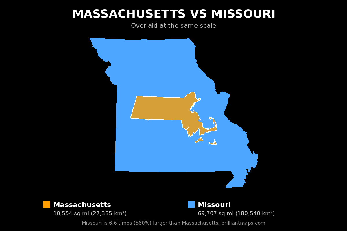 Massachusetts vs Missouri Size Comparison Map