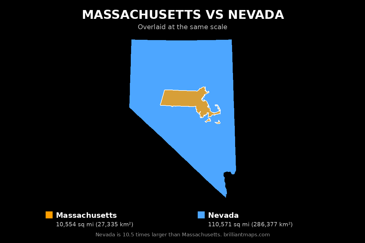 Massachusetts vs Nevada Size Comparison Map
