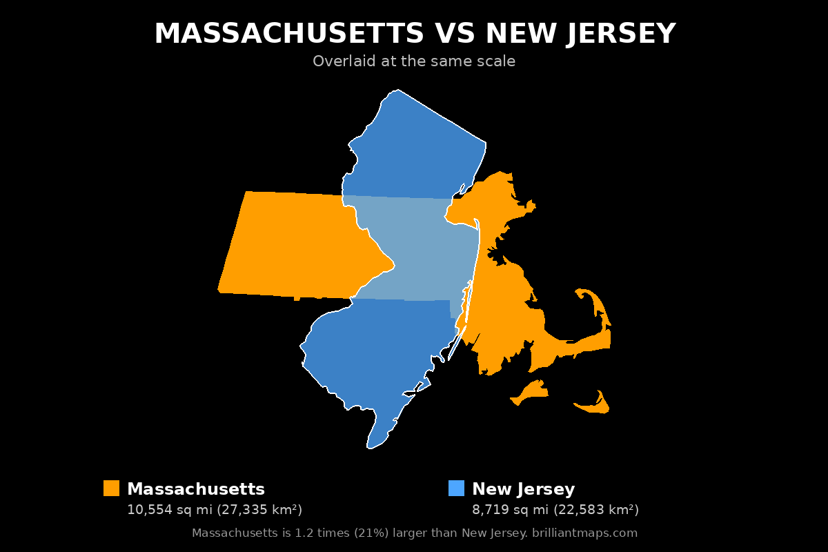 Massachusetts vs New Jersey Size Comparison Map