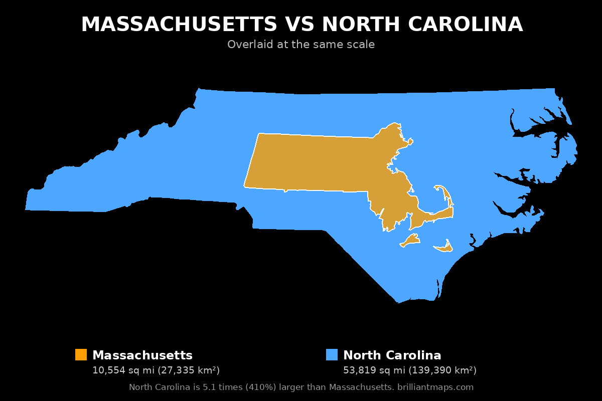 Massachusetts vs North Carolina Size Comparison Map