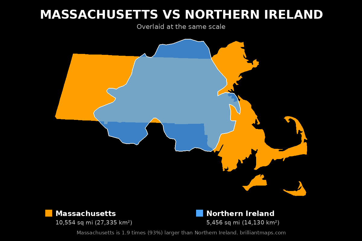 Massachusetts vs Northern Ireland Size Comparison Map