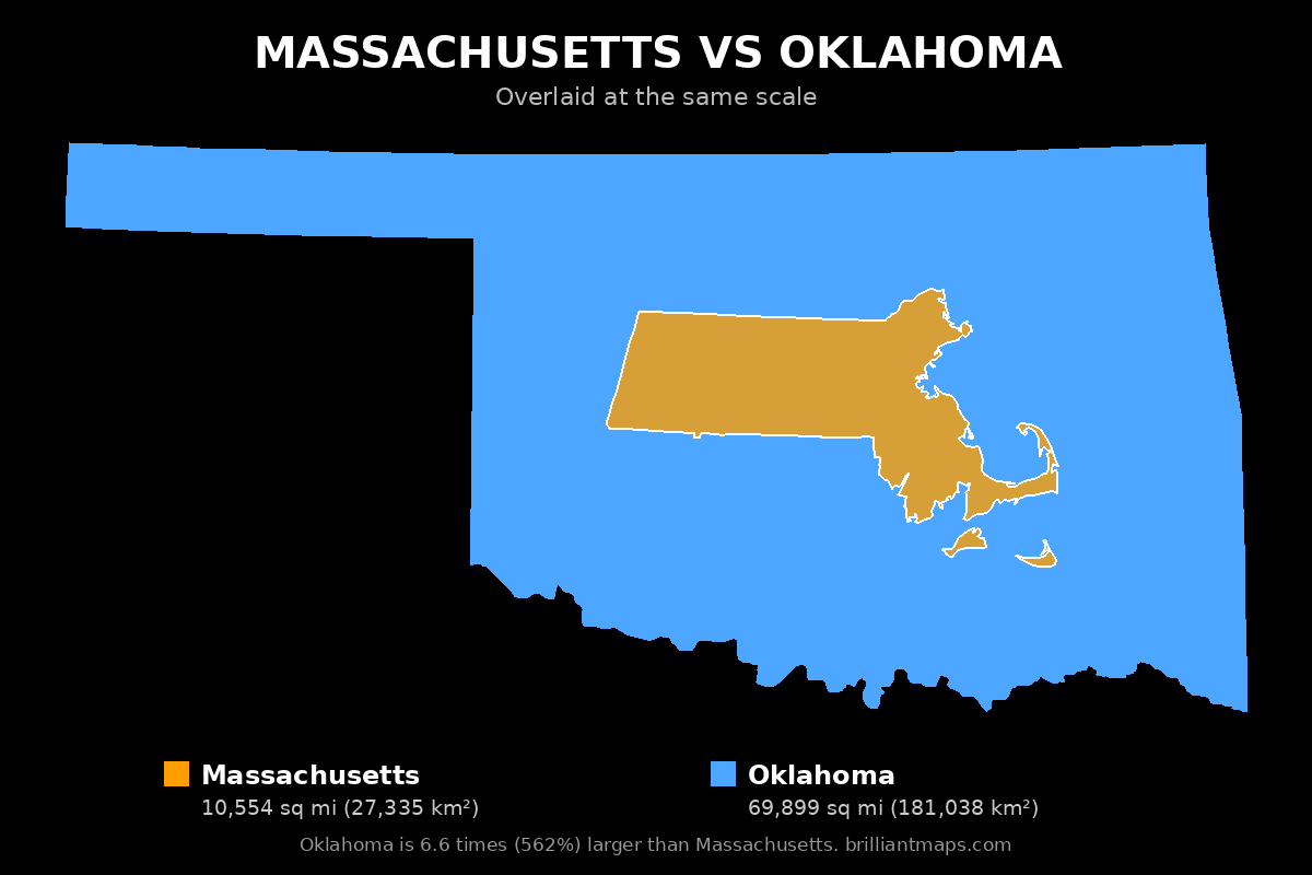 Massachusetts vs Oklahoma Size Comparison Map