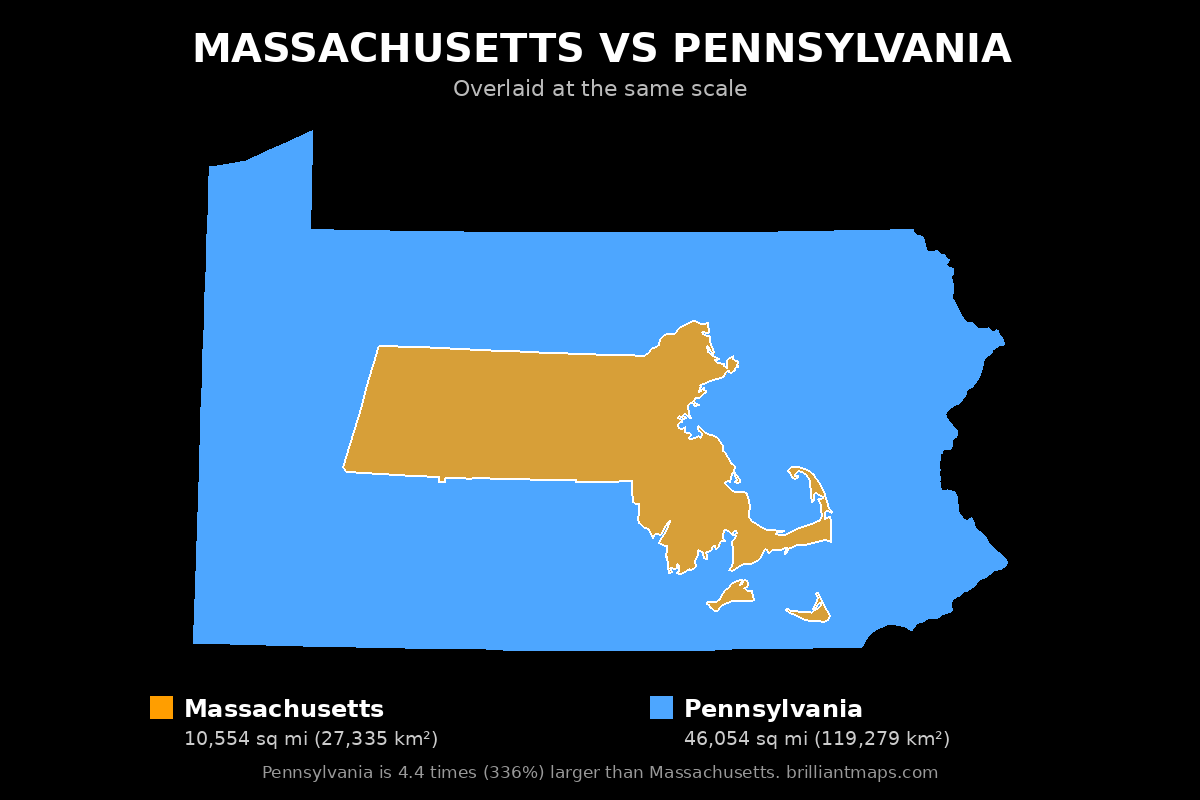 Massachusetts vs Pennsylvania Size Comparison Map