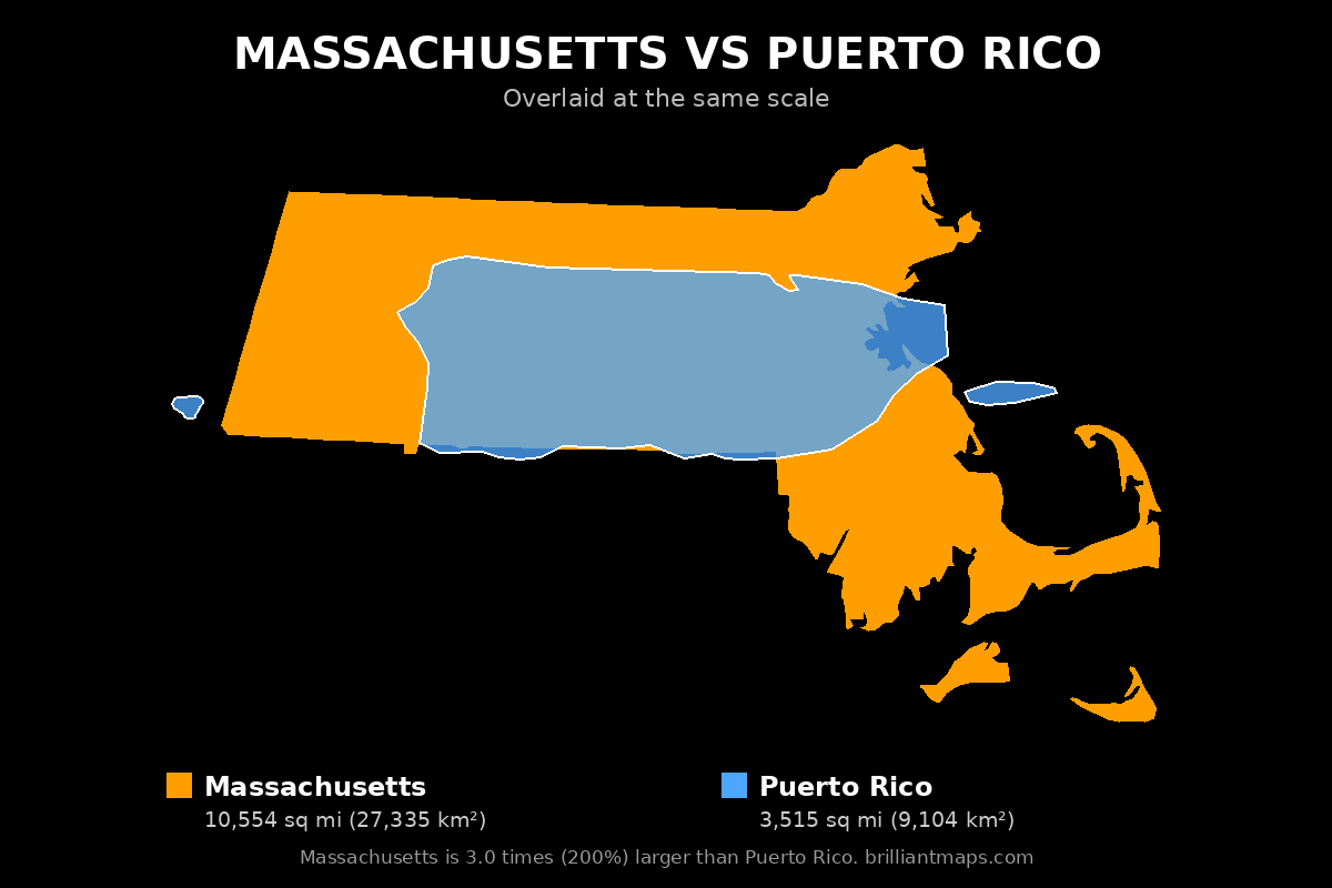 Massachusetts vs Puerto Rico Size Comparison Map