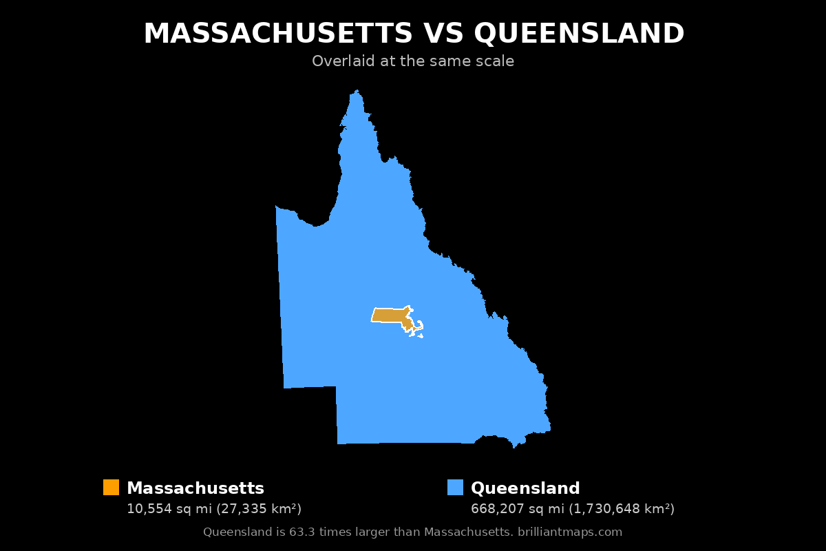 Massachusetts vs Queensland Size Comparison Map