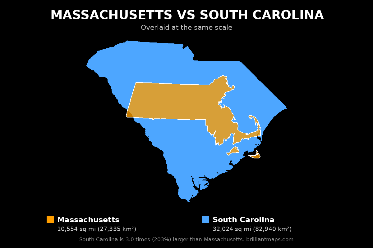 Massachusetts vs South Carolina Size Comparison Map