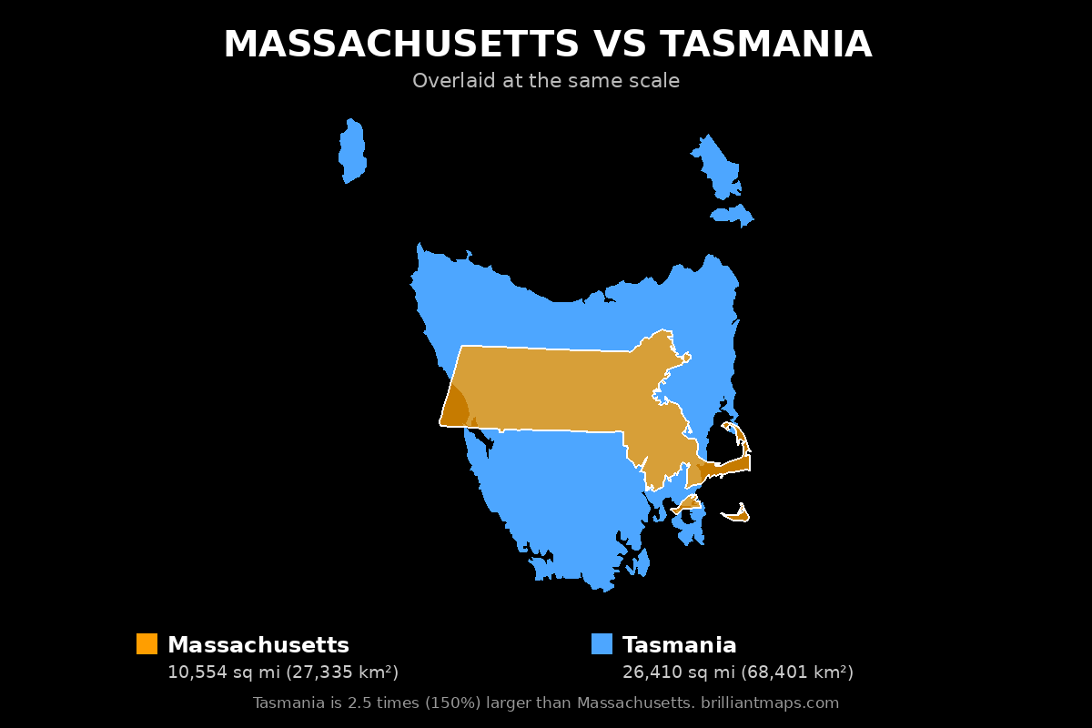 Massachusetts vs Tasmania Size Comparison Map