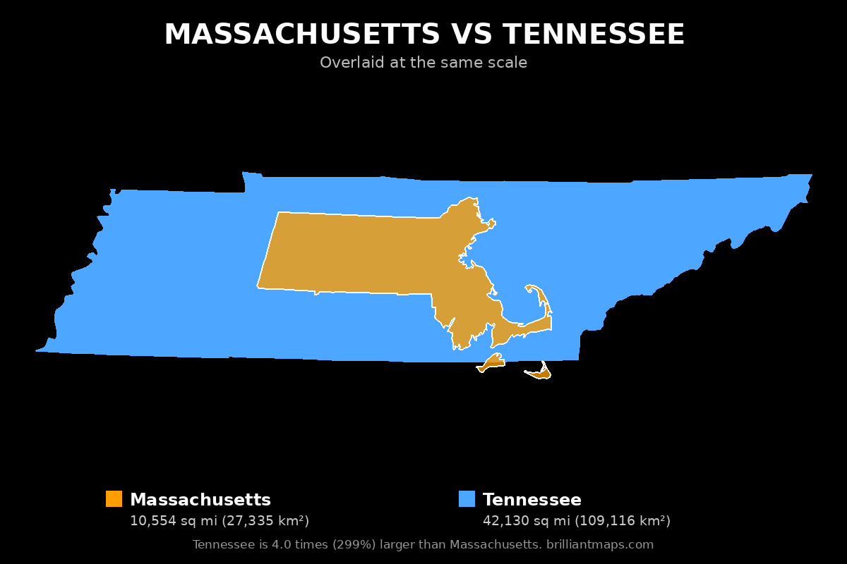 Massachusetts vs Tennessee Size Comparison Map