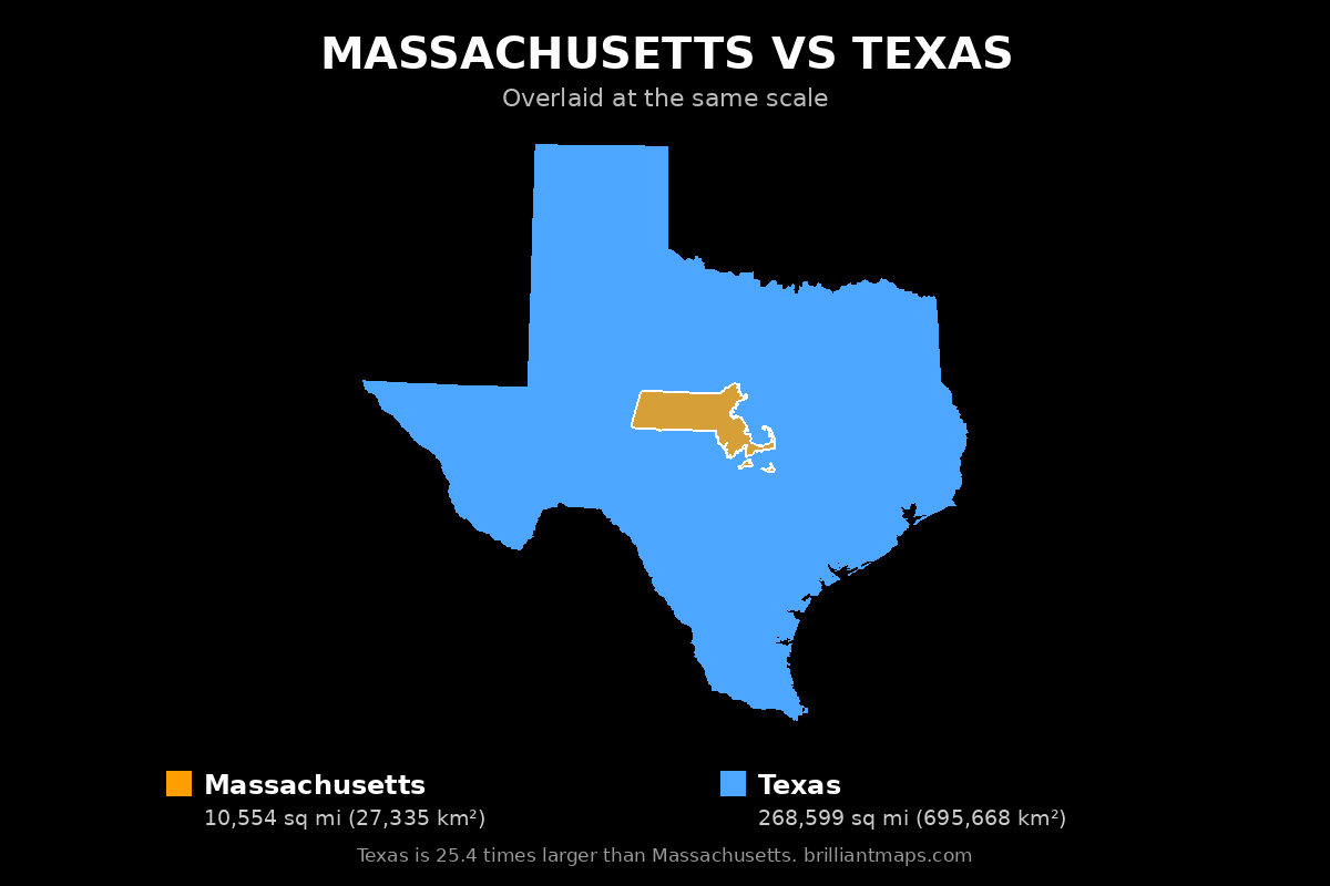 Massachusetts vs Texas Size Comparison Map