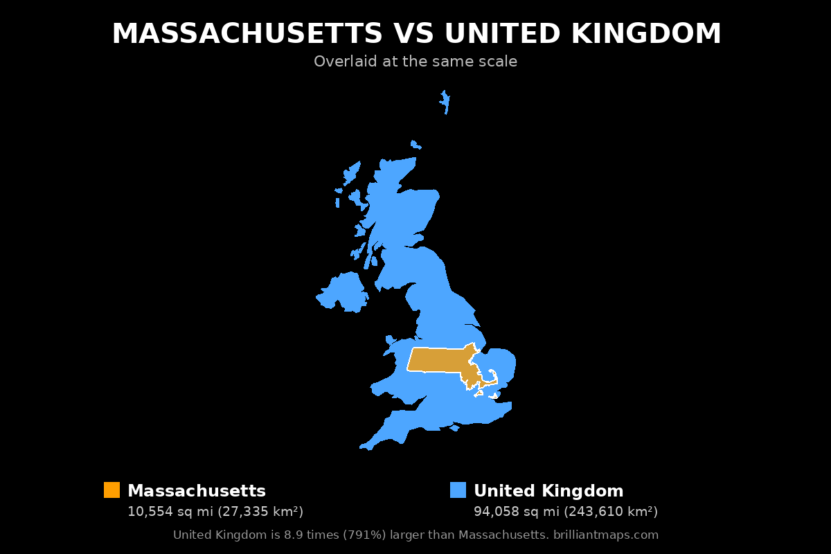 Massachusetts vs United Kingdom Size Comparison Map