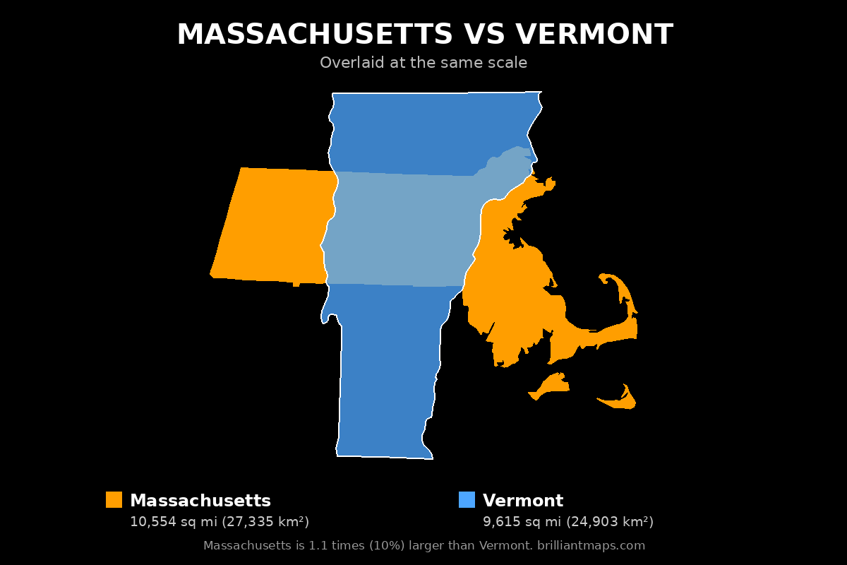 Massachusetts vs Vermont Size Comparison Map