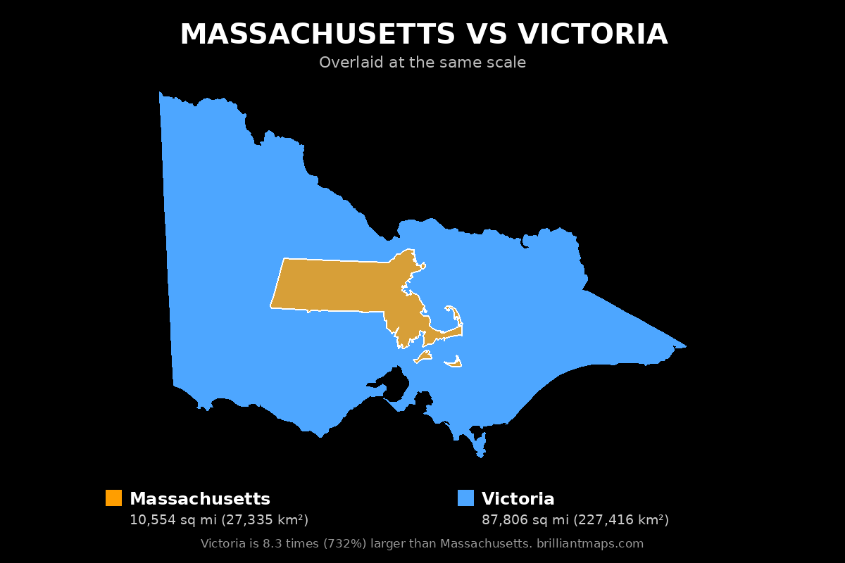 Massachusetts vs Victoria Size Comparison Map