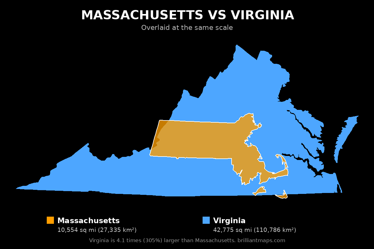 Massachusetts vs Virginia Size Comparison Map